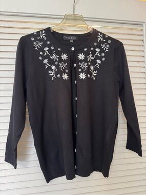 august silk Black Cardigan with White Floral Embroidery